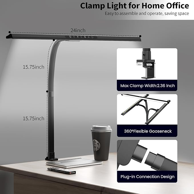 2-in-1 Desk Lamp with RGB Backlight,Architect Desk Lamps for Home Office,24W Tall Desk Lamp with Clamp,60"Timer,25 Lighting Modes,Eye Protection Swing Arm Lamp for Home/Office/Gaming/Study - LeafyLoom