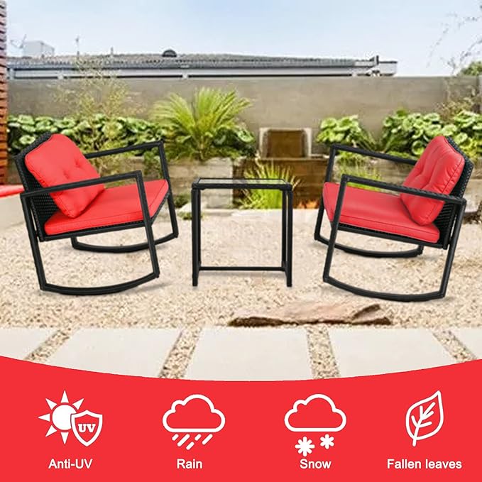 FDW 3 Piece Wicker Patio Furniture Sets Rocking Chair Outdoor Bistro Set Patio Set Rattan Chair Conversation Set with Porch Chairs and Coffee Table,Red - LeafyLoom