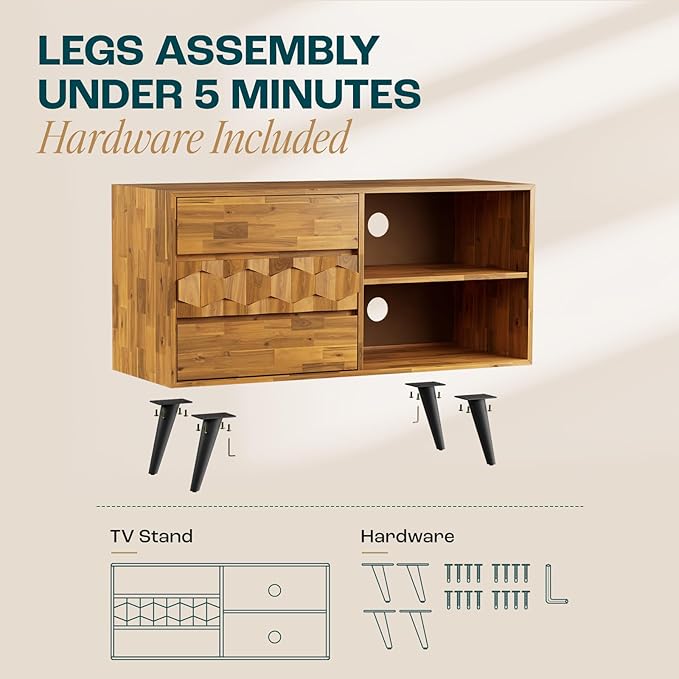 Bme Georgina 45 Inch Solid Wood TV Stand with 1 Drawer Nightstand, Under 10 Minutes Assembly Entertainment Center - LeafyLoom