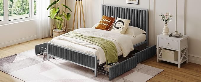 RITSU Full Size Upholstered Platform Bed with 4 Drawers, Metal Frame Tufting Linen Fabric Backrest, Large Storage Space for Bedroom, Apartment, No Need for Box Springs, Gray - LeafyLoom