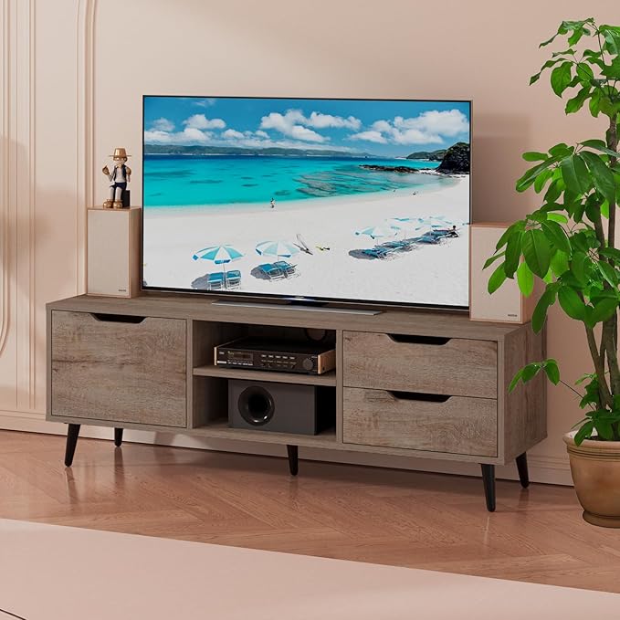 Maxtown TV Stands for Living Room, TV Console Table for 55 Inch TV, Entertainment Center with 1 Cabinet, 2 drawers, Media Console with Metal Feet for Bedroom, Living Room, Walnut - LeafyLoom