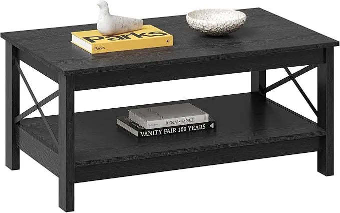 YITAHOME Coffee Table for Living Room,Modern Farmhouse Coffee Table with Storage,2-Tier Center Table for Living Room Wood Living Room Table Accent Cocktail with Sturdy Frame,Black - LeafyLoom