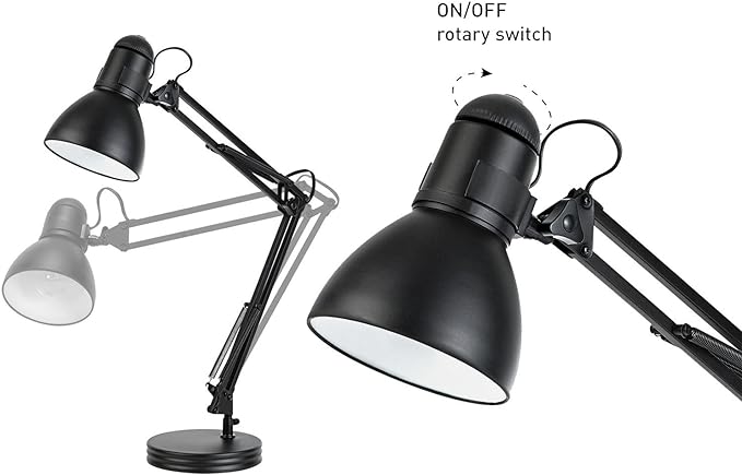 Globe Electric 5698601 28" Heavy Base Top Moving Spring Balanced Swing Arm Desk Lamp, Black, On/Off Rotary Switch on Shade, Office Decor, Reading Light, Home Essentials, Room Lighting - LeafyLoom