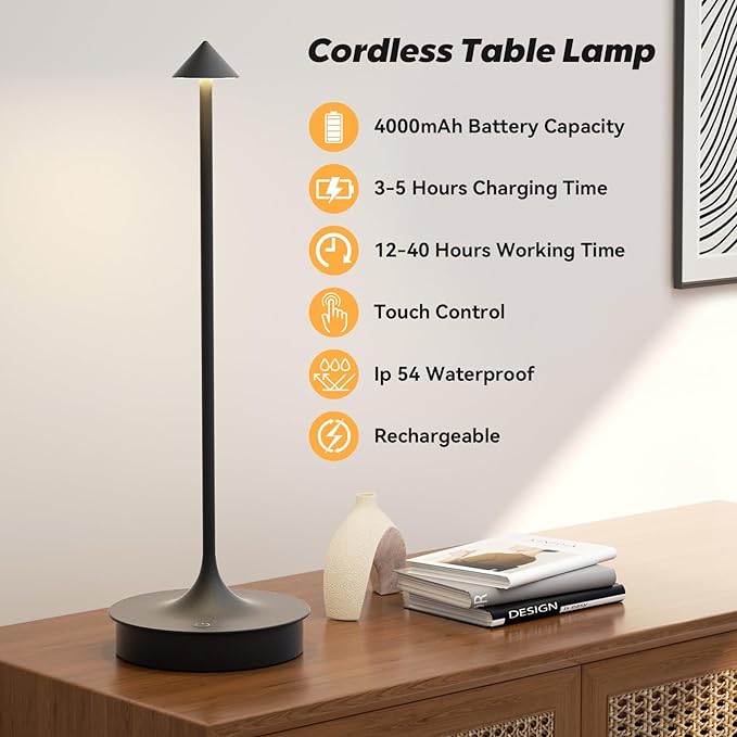 Set of 2 Cordless Table Lamp Rechargeable, Battery Operated Desk Lamp, 4000mAh LED Touch Lamp, Dimmable Portable Outdoor Waterproof Wireless Table Light for Restaurants/Bars/Outdoor(Black) - LeafyLoom