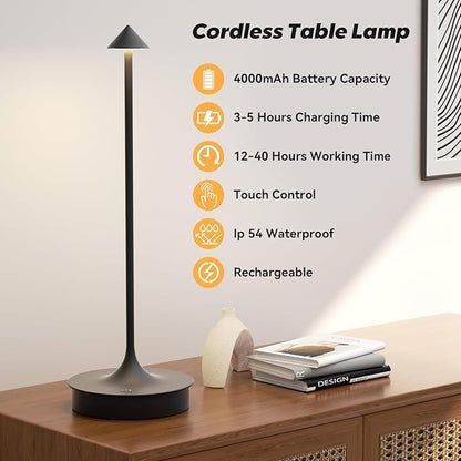 Cordless Table Lamp Rechargeable, Battery Operated Desk Lamp, 4000mAh LED Touch Lamp, Dimmable Portable Outdoor Waterproof Wireless Table Light for Restaurants/Bars/Outdoor(1PC, Black) - LeafyLoom