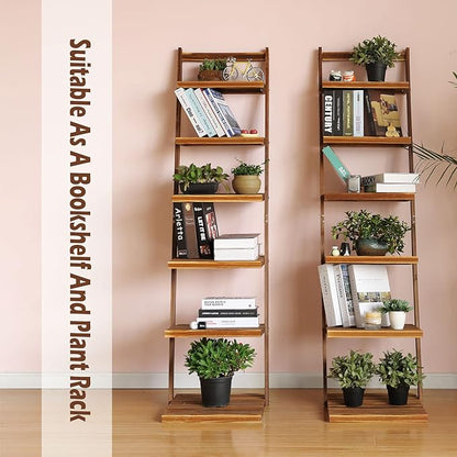 HYNAWIN 6 tier bookshelf ladder shelf-Large Bamboo Storage Shelves Wall Leaning Shelf for Garage, Kitchen, Office,Corner Display Bookcase - LeafyLoom