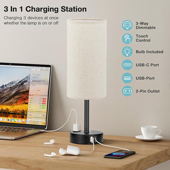 Beige Touch Table Lamp for Bedroom - 3 Way Dimmable Bedside Lamp USB C Charging Ports and AC Outlet, Small Lamp with Fabric Shade Black Base for Living Room, Office Desk, LED Bulb Included - LeafyLoom