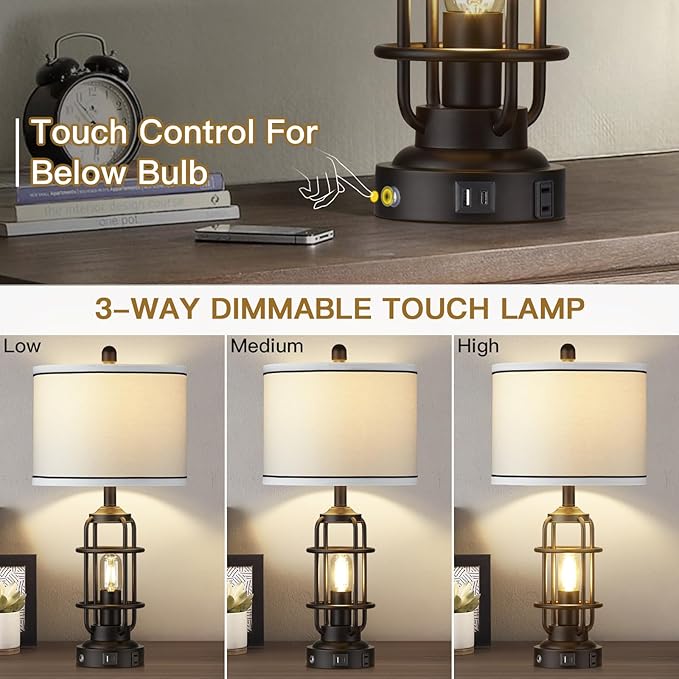 Modern Table Lamps Set of 2, Industrial 3-Way Dimmable Bedside Lamp with USB A+C Ports & AC Outlet, 25" Touch Control Nightstand Lamp LED Night Light for Living Room Bedroom Home(4 Bulbs Included) - LeafyLoom