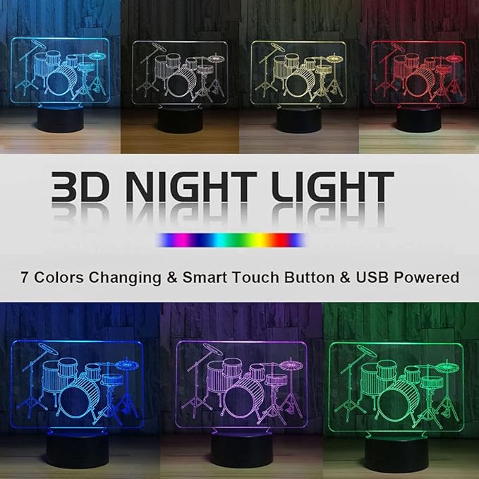 Visual 3D Night light Lamp Drum toys Desk Lamp Table decoration household accessories Kids gift boys festival for music lovers - LeafyLoom