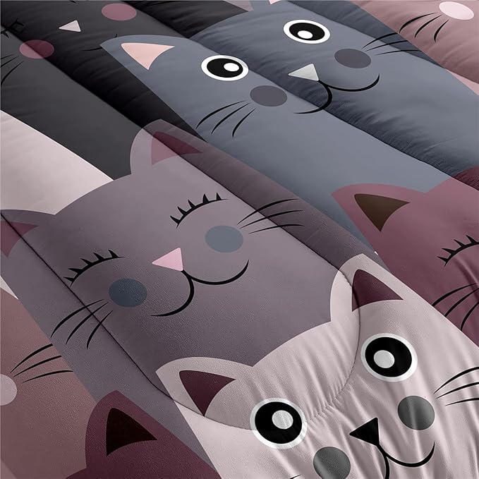 Cat Comforter Set Full Size - 3Pcs Grey Cat Bedding Set for Boys Girls Teens Cute Animals Themed Bedding Set Warm Ultra Soft Cartoon Cat Quilt Cover with 2 Pillowcases for Kids Room Decor - LeafyLoom