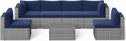 SUNVIVI OUTDOOR 7 Piece Patio Furniture Sets All Weather Grey PE Wicker Couch Sofa with Glass Table, Removable Navy Blue Cushions - LeafyLoom