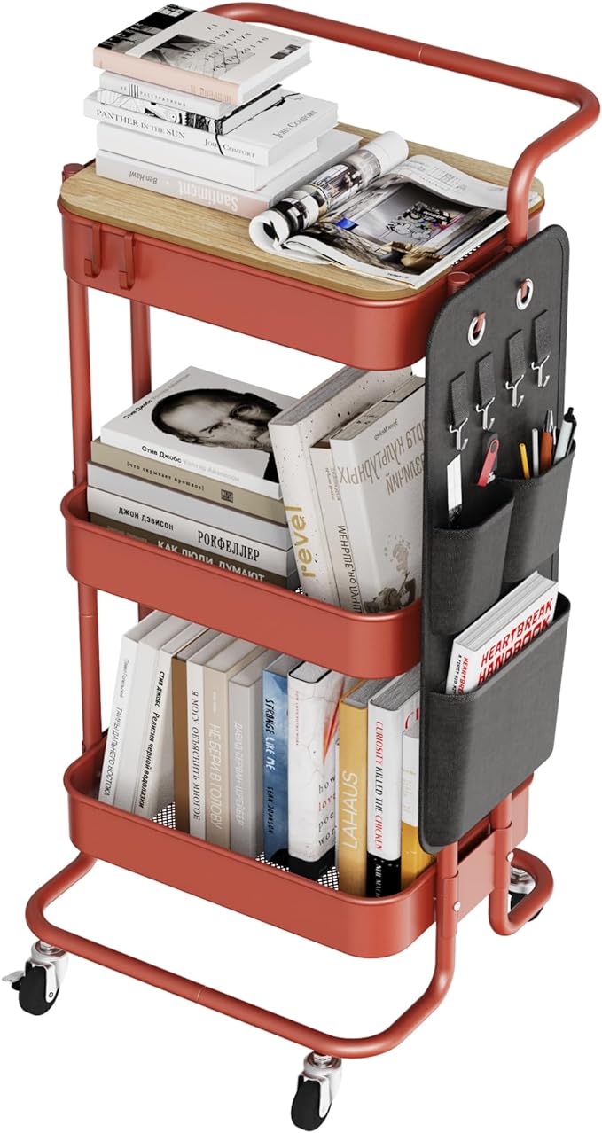 DTK 3 Tier Metal Utility Rolling Cart with Table Top and Side Bags, Tray Storage Organizer Wheels, Art Craft 4 Hooks for Kitchen Bathroom Office Living Room(Red) - LeafyLoom