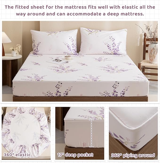 QSH Lavender Floral Bed Sheets Queen Size - 100% Egyptian Cotton Sheets Purple Flower Printed Bedding Sheets Queen Size Bed 4pcs Deep Pockets Bed Sheets - LeafyLoom