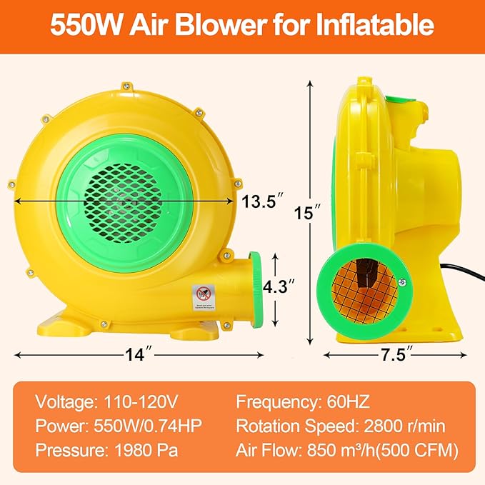 Bounce House Blower, 550W 0.73HP Commercial Air Blower with Double-sided Fan Blade Design, Strong Wind and Great Heat Dissipation Properties for Large and Medium Bouncy Castle, Jump Slides, Arch - LeafyLoom