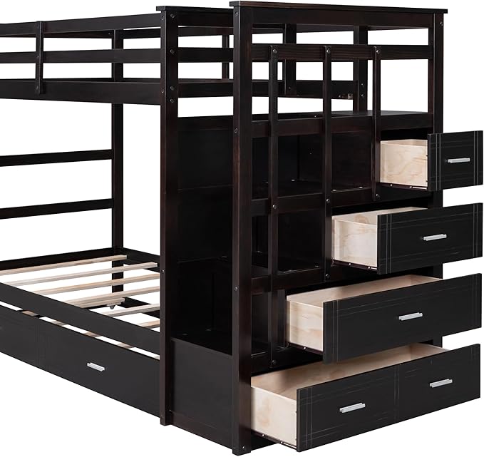 Twin Over Twin Bunk Bed with Stairs, 4 Storage Drawers and Trundle, Wooden Bunkbeds with Staircase and Full-Length Guardrails, for Kids/Teens/Adults, Espresso - LeafyLoom