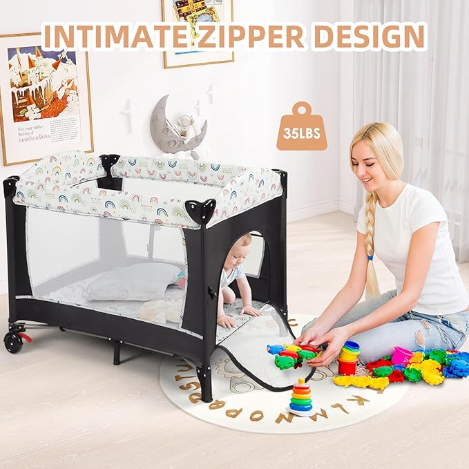 Kinder King 4 in 1 Portable Nursery Center, Foldable Baby Bedside Crib w/Bassinet, Infant Pack n Play Playard Toddler Large Playpen, Newborn Changing Table, Storage Basket, Side Zipper,Multicolour - LeafyLoom