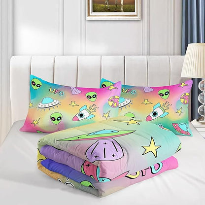 Datura home Space Alien Children Bedding Comforter Set for Girls Kids,Colorful Cartoon Outer Space Planet UFO Lovely Alien Theme Bedding Set with 1 Comforter and 2 Pillowcases(Alien3 Queen) - LeafyLoom