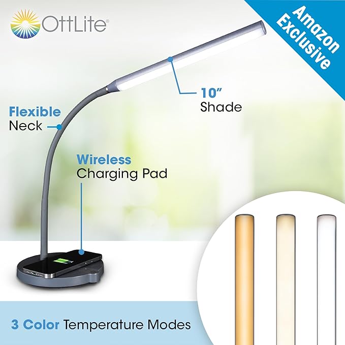 OttLite Stretch LED Desk Lamp with Wireless Charging - ClearSun LED Technology, 3 Color Temperature Modes with Touch Sensitive Controls & Flexible Gooseneck Arm for Home, Office & Dorms - LeafyLoom