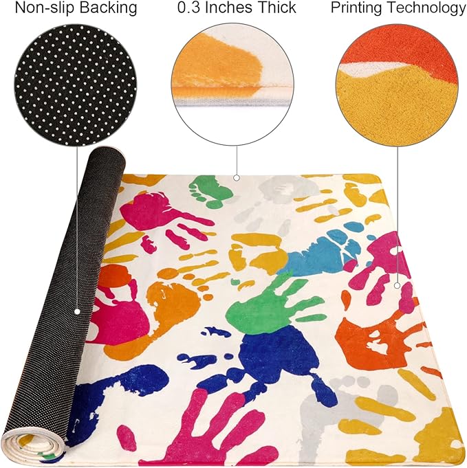 Handprints and Footprints Large Kids Rug 5'x7', Washable Colorful Area Rug for Nursery Room, Non-Slip Play Mat Ultra Soft Indoor Carpet for Bedroom Playroom Classroom - LeafyLoom