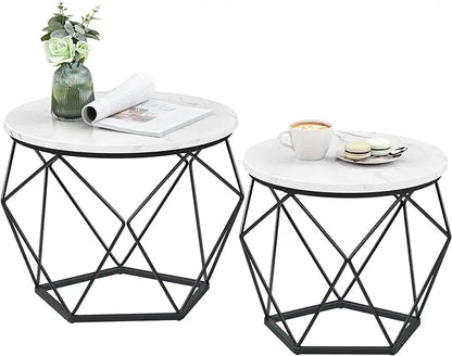 VASAGLE Small Coffee Table Set of 2, Round Coffee Table with Steel Frame, Side End Table for Living Room, Bedroom, Office, Marble White and Ink Black - LeafyLoom