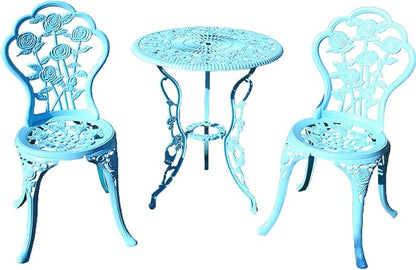 KAI LI Outdoor Furniture Bistro Set with Rose Pattern 1 Table 2 Chairs for Garden Patio Porch (Rose-Light Blue) - LeafyLoom