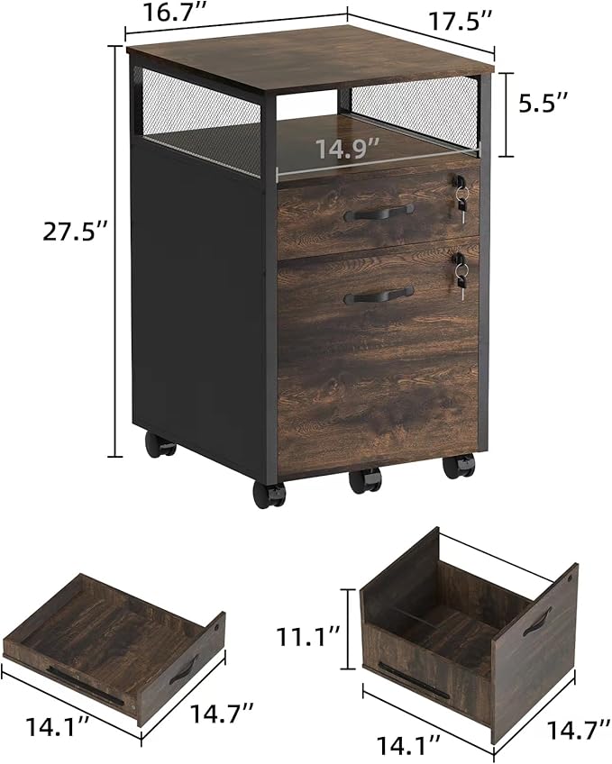 2 drawer file cabinet with lock, Wood Filing Cabinet for Home Office with Wheels and Open Shelf, Small Rolling Printer Stand and Under Desk File Cabinets for A4/Letter-Size Files-Brown - LeafyLoom