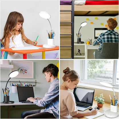 comzler Small Desk Lamp for Kids, LED Desk Lamps with Pen Phone Holder, White Desk Light for Home Office,8W 3 Modes Dimmable LED Desk Light for Kids, Desktop Study Lamps for Bedrooms - LeafyLoom