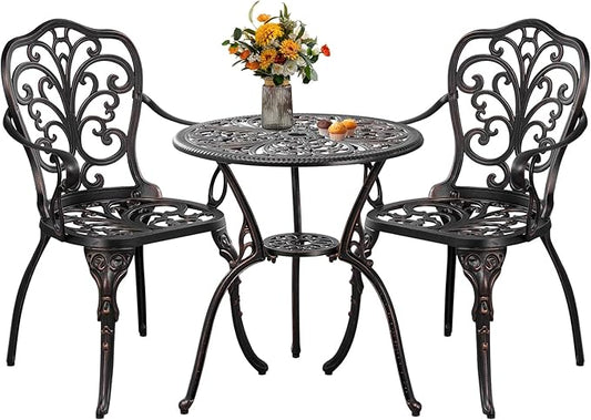 3 Piece Patio Furniture Dining Set Aluminum Patio Bistro Set Outdoor Furniture with Umbrella Hole for Yard, Balcony, Bronze - LeafyLoom