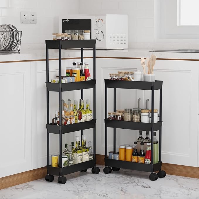 Sooyee 4 Tier Slim Storage Cart,Rolling Storage Cart,Narrow Shelf,Bathroom Rack,Mobile Shelving Unit Organizer for Kitchen, Bathroom, Laundry Room, Black - LeafyLoom