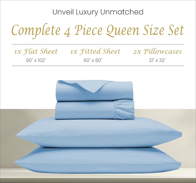 Bluemoon Homes 1000 Thread Count Queen Sheets - 100% Egyptian Cotton Sateen Bed Sheets Deep Pocket (18"), Cotton Sheets Queen Size Set, Cool Crisp and Durable Bed Linen (Sky Blue) - LeafyLoom