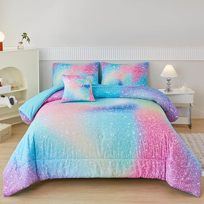 PERFEMET Rainbow Queen Girls Bedding Set, 6 Pieces Glitter Pink Green Comforter for Queen Size Bed, Colorful Tie Dye Ombre Teen Girls Bed in A Bag Comforter Set with Sheets - LeafyLoom