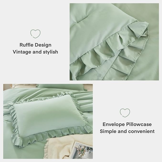 Andency Sage Green Twin Comforter Set, 2 Pieces Kids Ruffle Comforter Set Twin(66x90Inch), Farmhouse Shabby Chic Comforter Set, Soft Microfiber Kids Bedding Set - LeafyLoom