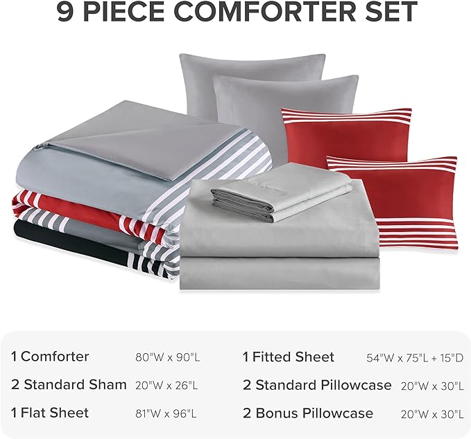 Comfort Spaces Comforter Sets with Sheets - Bed in a Bag 9 Pieces Teen Bedding Sets , Red and Grey Stripes Bedding Full, College Full Bed Set with 2 Side Pockets Bedroom Organizer - LeafyLoom