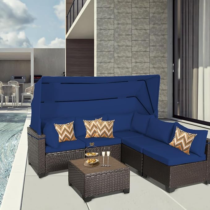 6 PCS Outdoor Patio Furniture Set,Sectional Sofa Set,Rattan Daybed with Retractable Canopy,Adjustable Backrest,Storage Coffee Table,Chaise Chair Sunbed for Garden Poolside Backyard(Dark Blue) - LeafyLoom