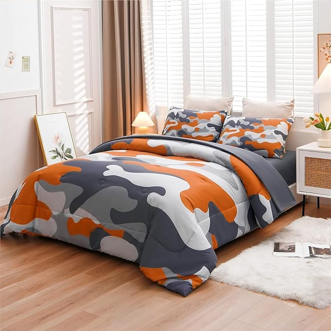 Meeting Story Camouflage Bedding Set, Colorful Pattern Style Comforter Set, 5 PCS One Comforter Two Pillowcases Two Sheets in One Bag, All Season Bedspread for Teens Adults (Orange, Queen 5Pcs) - LeafyLoom