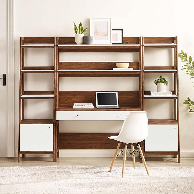 Modway Bixby 3-Piece Home Office Desk and Bookshelf Display Case in Walnut White - LeafyLoom