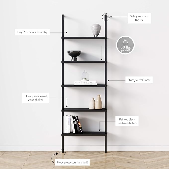 Nathan James Theo 5-Shelf Black Modern Bookcase, Open Wall Mount Ladder Bookshelf with Industrial Metal Frame - LeafyLoom