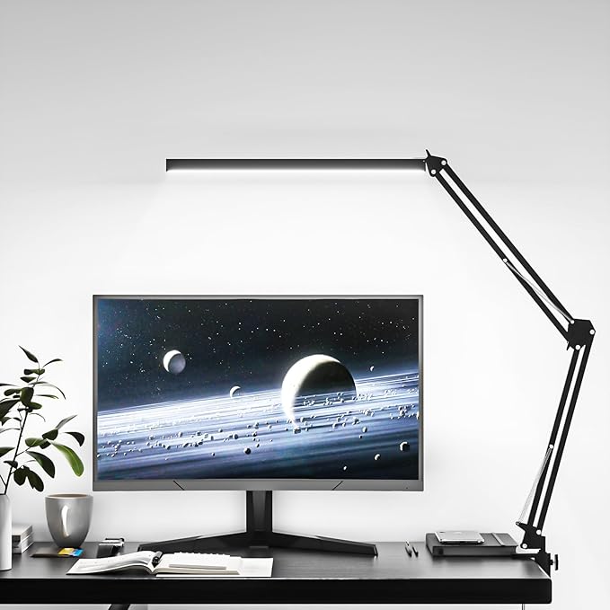 LED Desk Lamp, Manicure Table Lamp, Eye-Caring Drafting Light, Dimmable Office Table Lamp with 3 Color Modes, 10 Brightness Levels & Adapter, Memory Function(Black) - LeafyLoom