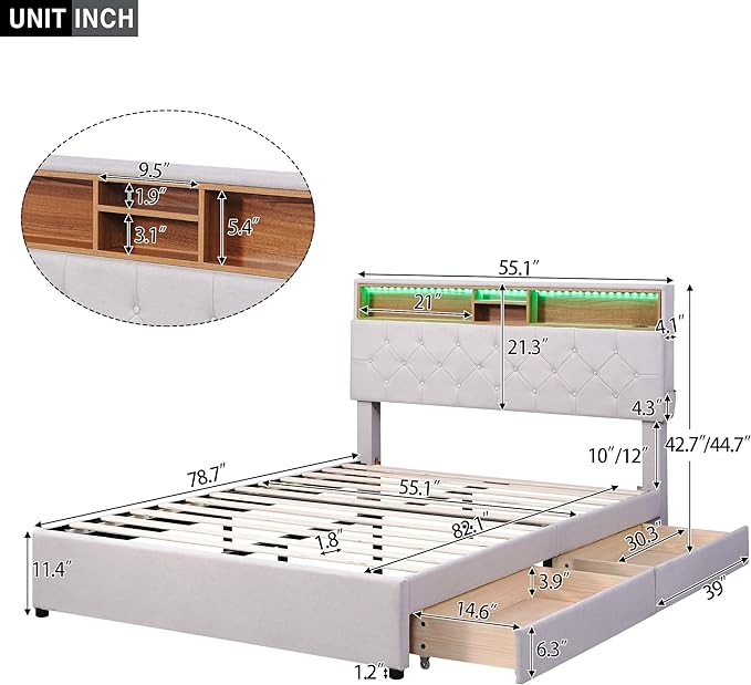 Full Size Bed Frame with LED Headboard, USB Charging, Upholstered Platform Bed with Storage Drawers and Headboard, No Box Spring Needed, Beige - LeafyLoom