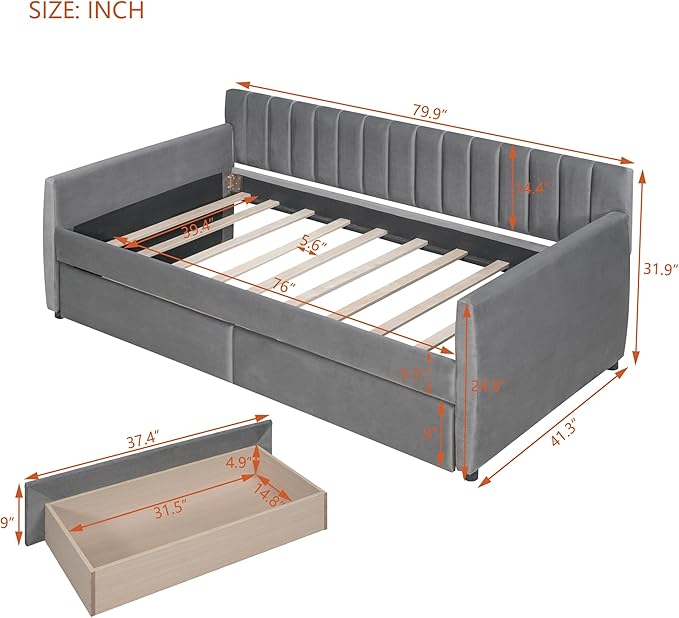 Velvet Upholstered Twin Daybed with Two Storage Drawers, Solid Wooden Sofa Bed Frame w/Vertical Stripes Designed Backrest and Pine Legs, Space-Saving Design, Gray - LeafyLoom