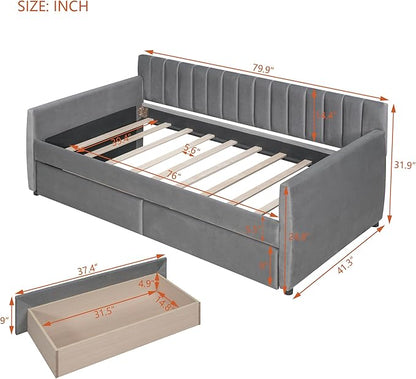 Velvet Upholstered Twin Daybed with Two Storage Drawers, Solid Wooden Bed Frame w/Vertical Stripes Designed Backrest and Pine Legs, Space-Saving Design - LeafyLoom