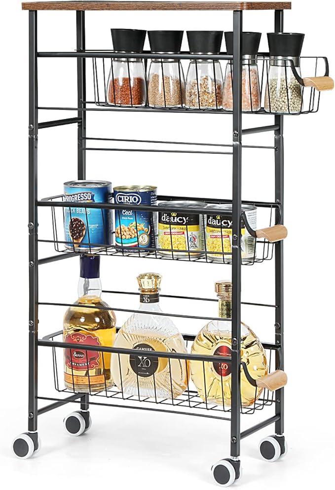 4-Tier Slim Storage Cart, Kitchen Rolling Utility Cart Bathroom Organizer Laundry Room Organization Mobile Shelving Unit with Slide-Out Metal Wire Baskets, Wooden Tabletop & Wheels for Narrow Space - LeafyLoom