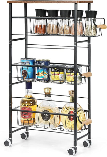 4-Tier Slim Storage Cart, Kitchen Rolling Utility Cart Bathroom Organizer Laundry Room Organization Mobile Shelving Unit with Slide-Out Metal Wire Baskets, Wooden Tabletop & Wheels for Narrow Space - LeafyLoom