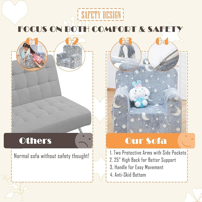 Snuggly-Soft Cuddly Toddler Plush Armchair for Boys and Girls Fuzzy Plush Kids Sofa Couch Reading Chair with Children Friendly Handle for Easy Movement & Double Pockets for Storage, Glowing Grey - LeafyLoom