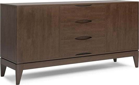 SIMPLIHOME Harper SOLID HARDWOOD 60 Inch Wide Mid Century Design Sideboard Buffet in Walnut Brown, For the Dining Room and Kitchen - LeafyLoom