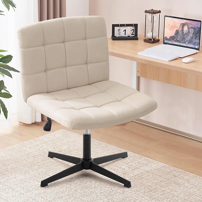 Furniliving Linen Office Desk Chair No Wheels, Armless Swivel Home Office Chair Height Adjustable Wide Office Chair for Bedroom, Modern Mid Back Accent Chair Computer Task Chair, Beige - LeafyLoom