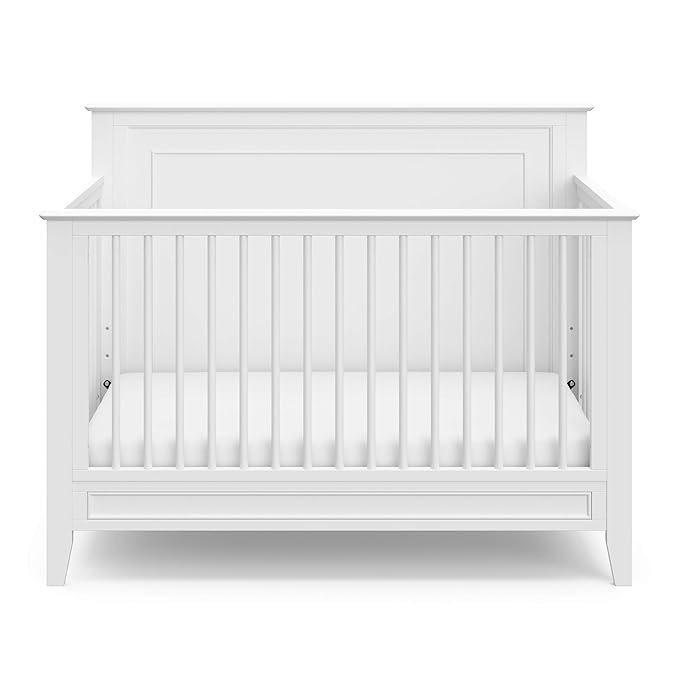 Storkcraft Solstice 5-In-1 Convertible Crib (White) – GREENGUARD Gold Certified, Converts to Toddler Bed and Full-Size Bed, Fits Standard Full-Size Crib Mattress, Adjustable Mattress Support Base - LeafyLoom