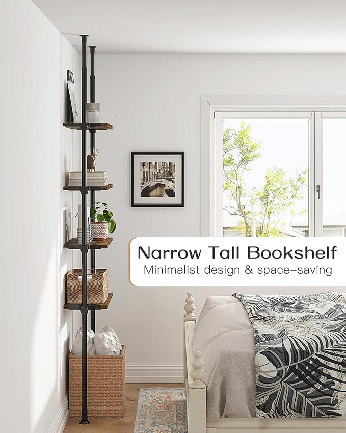 ALLZONE Adjustable Tall Narrow Bookshelf for Bedroom,4-Tier Ladder Bookshelf for Small Spaces,Tension Mount Small Book Shelf and Tall Bookcases, 64 to 113Inch Height Skinny Bookshelf with Open Storage - LeafyLoom