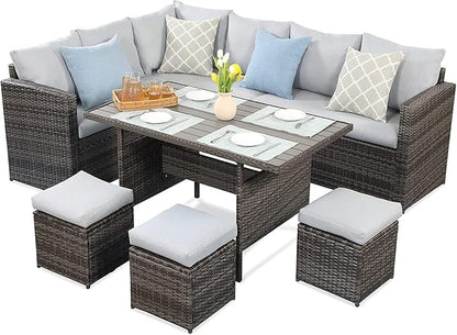 7-Pieces Furniture, PE Wicker Rattan Sets with Dining Ottomans, Patio Table and Chairs, Outdoor Sectional Sofa, Ec-Grey - LeafyLoom