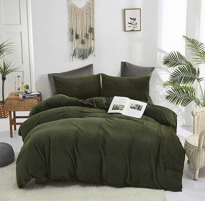 Dark Green Velvet Comforter Set King Army Green Flannel Velvet Bedding Comforter Set All Deep Green 3 PCs Shaggy Soft Warm and Durable Flannel Blanket King Women Green Velvet Bedding Set - LeafyLoom